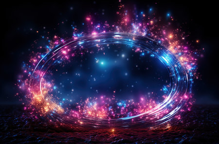 An iridescent or neon ellipse isolated on a dark ground background. Created using generative artificial intelligence technology.の素材