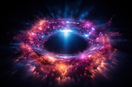 An iridescent or neon ellipse isolated on a dark ground background. Created using generative artificial intelligence technology.の素材