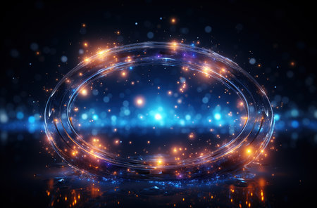An iridescent or neon ellipse isolated on a dark ground background. Created using generative artificial intelligence technology.の素材