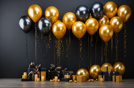 Black and gold balloons on black background with copy space. Birthday celebration backgroundの素材