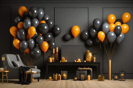 Black and gold balloons on black background with copy space. Birthday celebration backgroundの素材