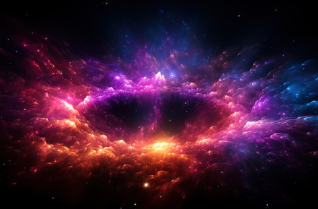 An iridescent or neon ellipse isolated on a dark ground background. Created using generative artificial intelligence technology.の素材