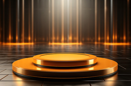 Blank golden round podium for presentation on blurred background. Empty showcase for cosmetic product presentation, promotional sale.の素材