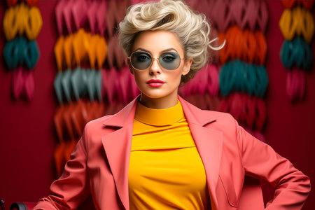 Woman in pink jacket and sunglasses on red background. Retro portrait of a woman wearing sunglasses. Generative artificial intelligenceの素材