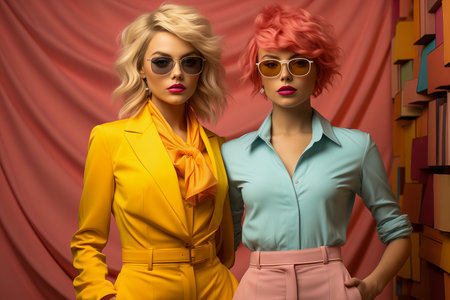 Two women in blue and yellow shirt with sunglasses on red background. Beauty and fashion concept.の素材