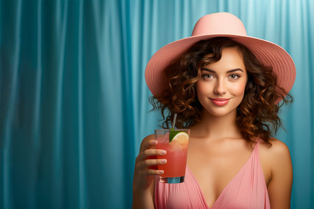 Portrait of a gorgeous woman wearing a pink hat and holding a cocktail on a blue background. The concept of relaxation and entertainment.の素材