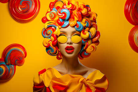 Portrait of a gorgeous and sensual girl in yellow clothes. Close-up of a girl's face with a strange hairstyle. Fashionable portrait of a woman on abstract backgroundの素材