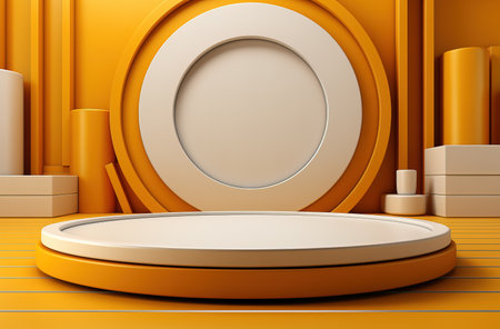 a small round podium white on an orange background. The concept of advertising and promoting one's product.の素材