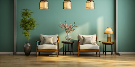 Green interior with two armchairs, coffee table and flowers. 3d render. Home comfort concept.の素材