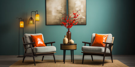 Green interior with two armchairs, coffee table and flowers. 3d render. Home comfort concept.の素材