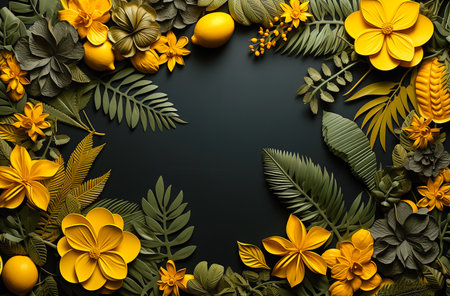 Black background with a bunch of green leaves and yellow flowers on it. Space for text and advertisements.の素材