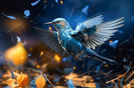 Illustration of a bird flying in the night sky. Generation of an artificial intelligence.の素材
