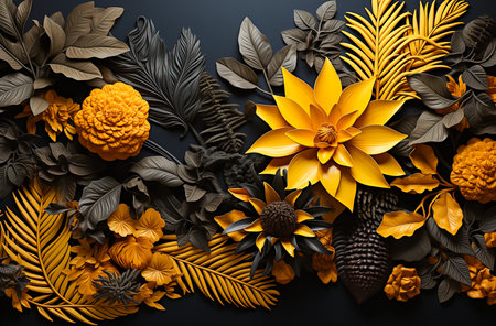 Black background with a bunch of green leaves and yellow flowers on it. Space for text and advertisements.の素材