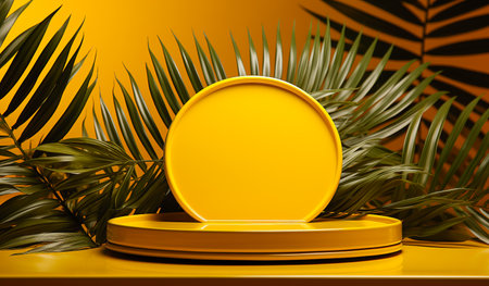 Yellow empty platform, podium on yellow background and plants. Advertising concept, copy space.の素材