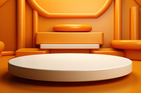 a small round podium white on an orange background. The concept of advertising and promoting one's product.の素材