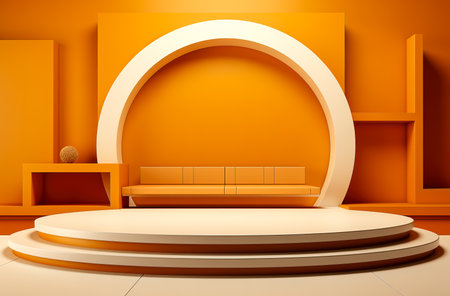 a small round podium white on an orange background. The concept of advertising and promoting one's product.の素材
