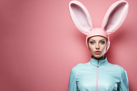 Woman wearing bunny ears on pink background. Easter celebration or fun party.の素材