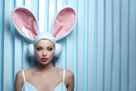 Woman wearing bunny ears on blue background. Easter celebration or fun party.の素材
