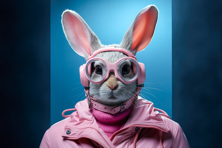 Stylish and cool hare or rabbit with pink jacket on blue background. Generative artificial intelligenceの素材