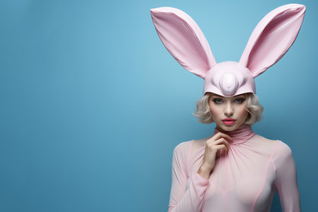 Woman wearing bunny ears on blue background. Easter celebration or fun party.の素材