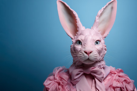 Stylish and cool hare or rabbit with pink jacket on blue background. Generative artificial intelligenceの素材