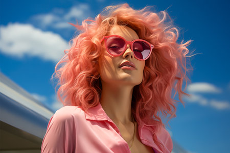 Portrait of a young beautiful happy girl with pastel pink hair on a blue background. Beauty and fashion concept.の素材
