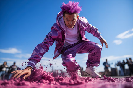 A male dancer in purple clothing. Beauty and fashion concept.の素材