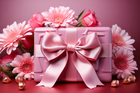 A beautifully packaged pink gift box decorated with a bow on a soft pink background. The concept of festivity and fun.の素材