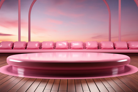 Pink catwalk, pedestal with arch. Concept of advertising products on the podium.の素材
