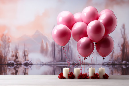 A generative AI image of pink helium party balloons floating on a pink background. The concept of celebration and fun.の素材