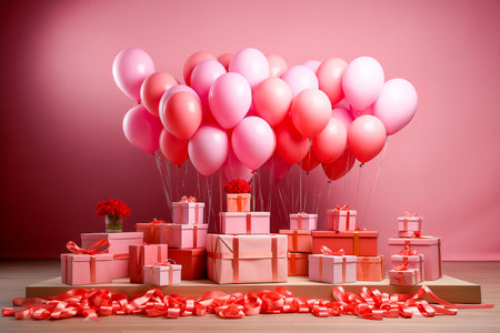 A generative AI image of pink helium party balloons floating on a pink background. The concept of celebration and fun.の素材