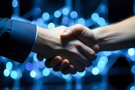 Handshake between two businessmen, closeup of them shaking hands. Generative aiの素材