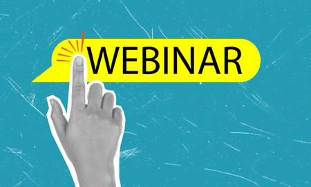 Modern art collage with image of hand clicking webinar icon. Webinar and conversation concept.の写真素材