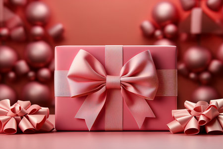 A beautifully packaged pink gift box decorated with a bow on a soft pink background. The concept of festivity and fun.の素材