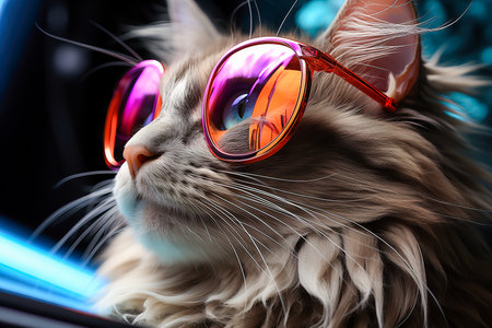 A mottled fluffy cat looking up with glasses. Banner advertising a store for animals.の素材