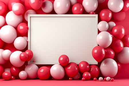 Blank frame with space to copy a greeting card or holiday event with colorful balloons around the frame. Holiday and entertainment concept.の素材