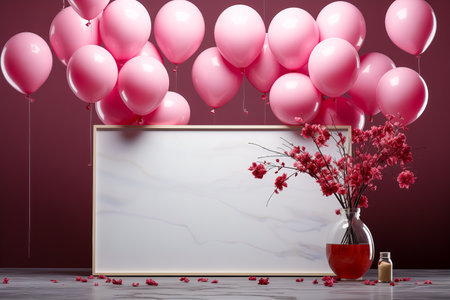 Blank frame with space to copy a greeting card or holiday event with colorful balloons around the frame. Holiday and entertainment concept.の素材