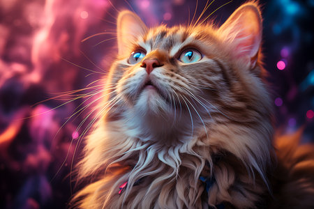 A mottled fluffy cat looks up. A banner to advertise an animal store.の素材