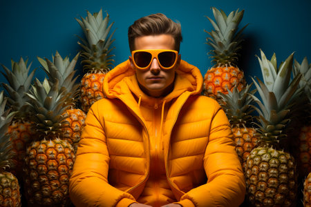 Man in yellow jacket and dark glasses surrounded by pineapples. The concept of healthy and tasty food.の素材