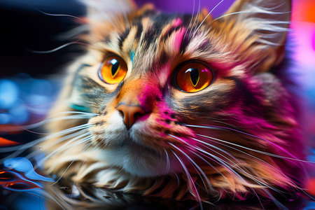 A mottled fluffy cat looks up. A banner to advertise an animal store.の素材