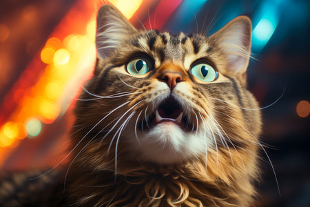 Close-up portrait of striped scaredy cat with open mouth. Humorous photo.の素材
