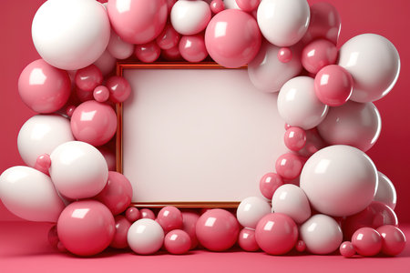 Blank frame with space to copy a greeting card or holiday event with colorful balloons around the frame. Holiday and entertainment concept.の素材