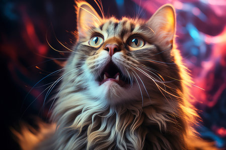 Close-up portrait of striped scaredy cat with open mouth. Humorous photo.の素材