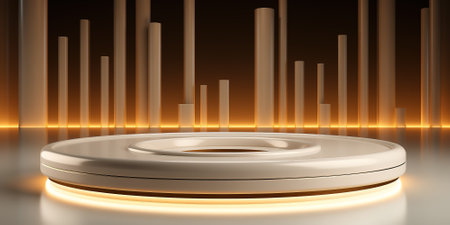 Empty round yellow neon glowing podium on a minimalistic background. Gamer, minimalistic, computer generated background for product and merchandise.の素材
