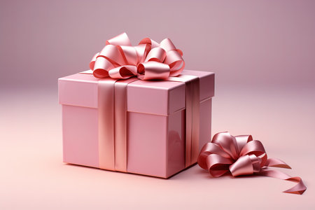 A beautifully packaged pink gift box decorated with a bow on a soft pink background. The concept of festivity and fun.の素材