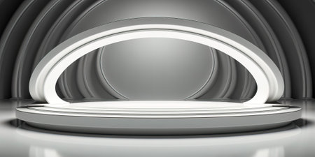 Abstract empty gray podium on gray background with arch. Booth layout for product presentation. Minimal concept. Advertising templateの素材