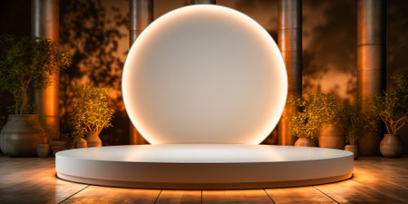 Decorative glowing arch on a white podium surrounded by plants. Product advertising concept.の素材