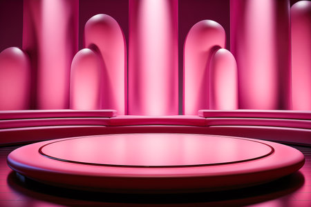 Pink catwalk, pedestal with arch. Concept of advertising products on the podium.の素材