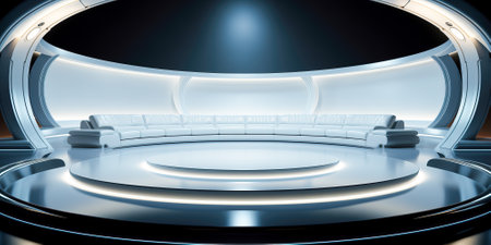 Abstract empty gray podium on gray background with arch. Booth layout for product presentation. Minimal concept. Advertising templateの素材