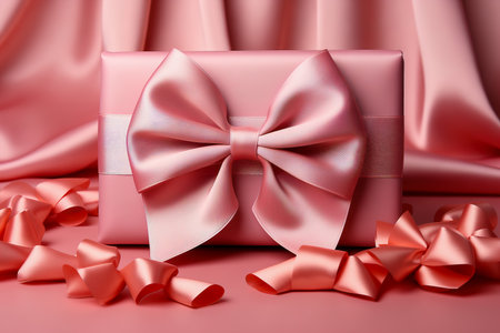 A beautifully packaged pink gift box decorated with a bow on a soft pink background. The concept of festivity and fun.の素材